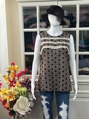 Tory Burch Brown and Navy Hexagon-Print Fringe-Trim Sleeveless Tank